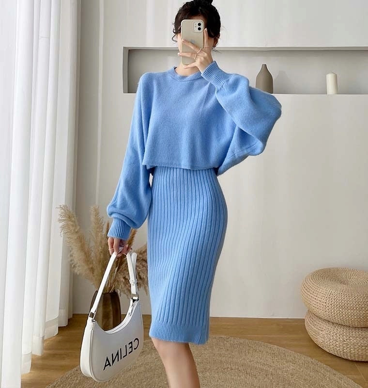 Bat Sleeve O-Neck Soft Dress and Sweater Set