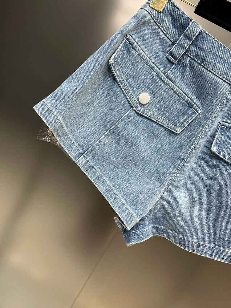 High Waisted Denim Cargo Short Shorts