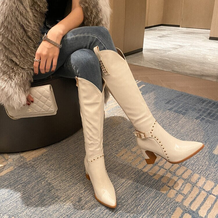 Split Leather Knee High Boots with Buckle