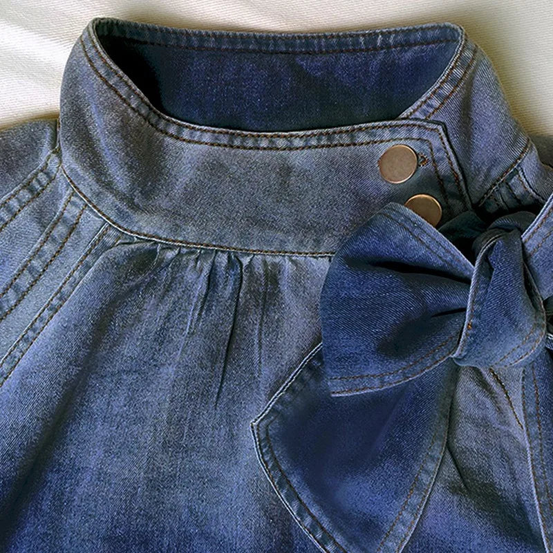 Medium Wash Denim Shirt with Bow