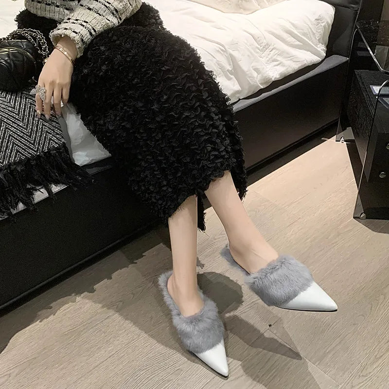 Fur Slippers with Kitten Heel