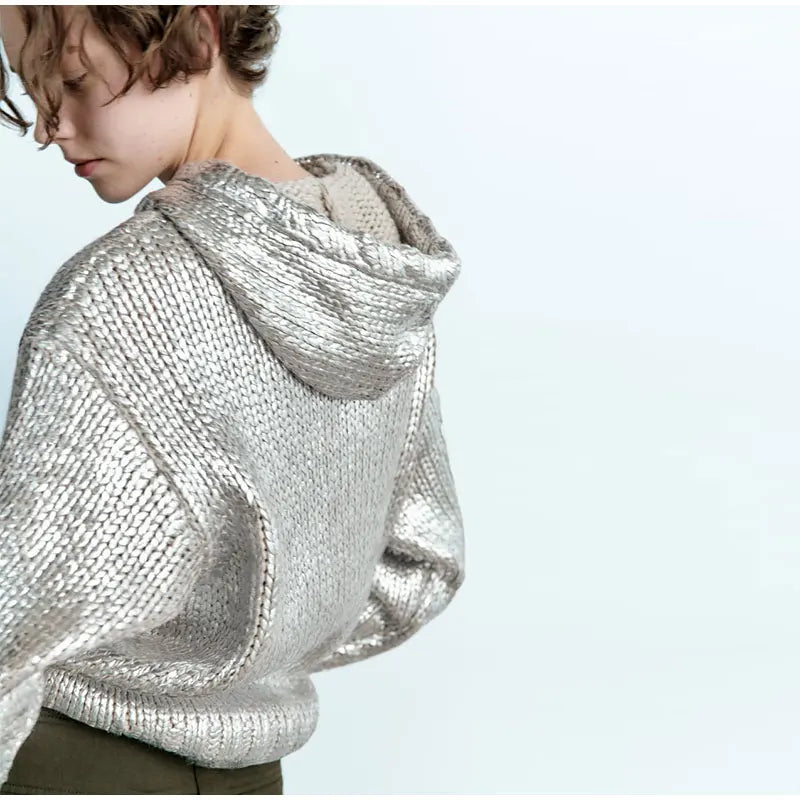 Silver Metallic Hooded Sweater