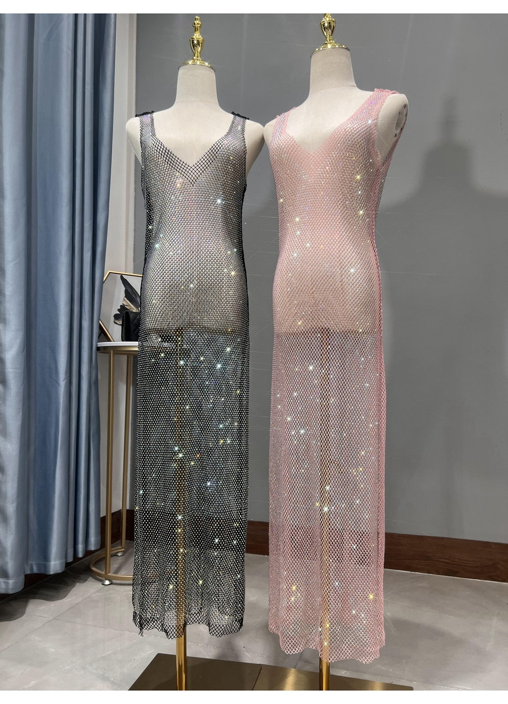 Crystal Mesh V-Neck Dress