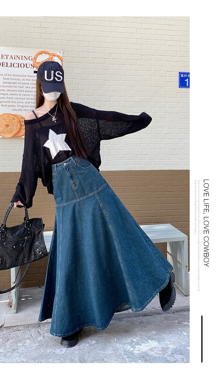 Long Denim High Waisted A-line Skirt