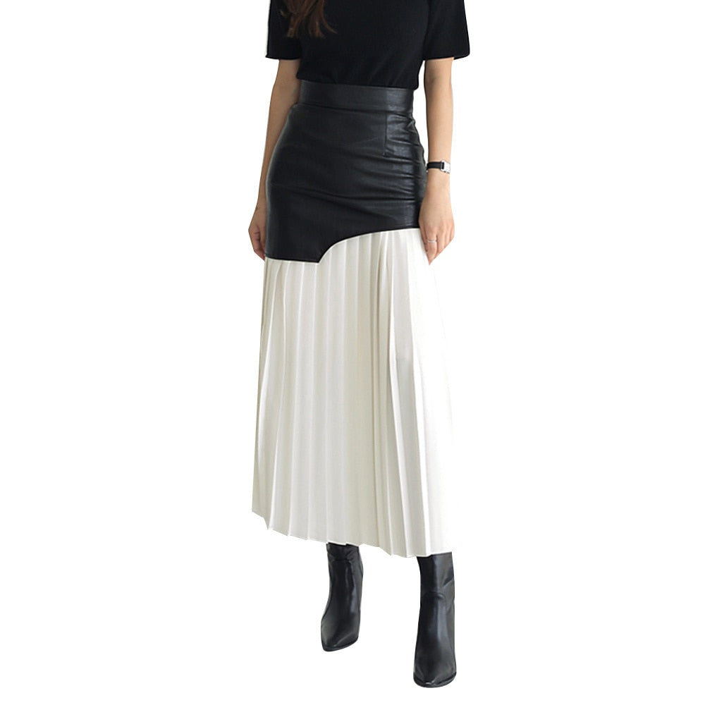 Leather Blocked High Waisted Pleated Midi
