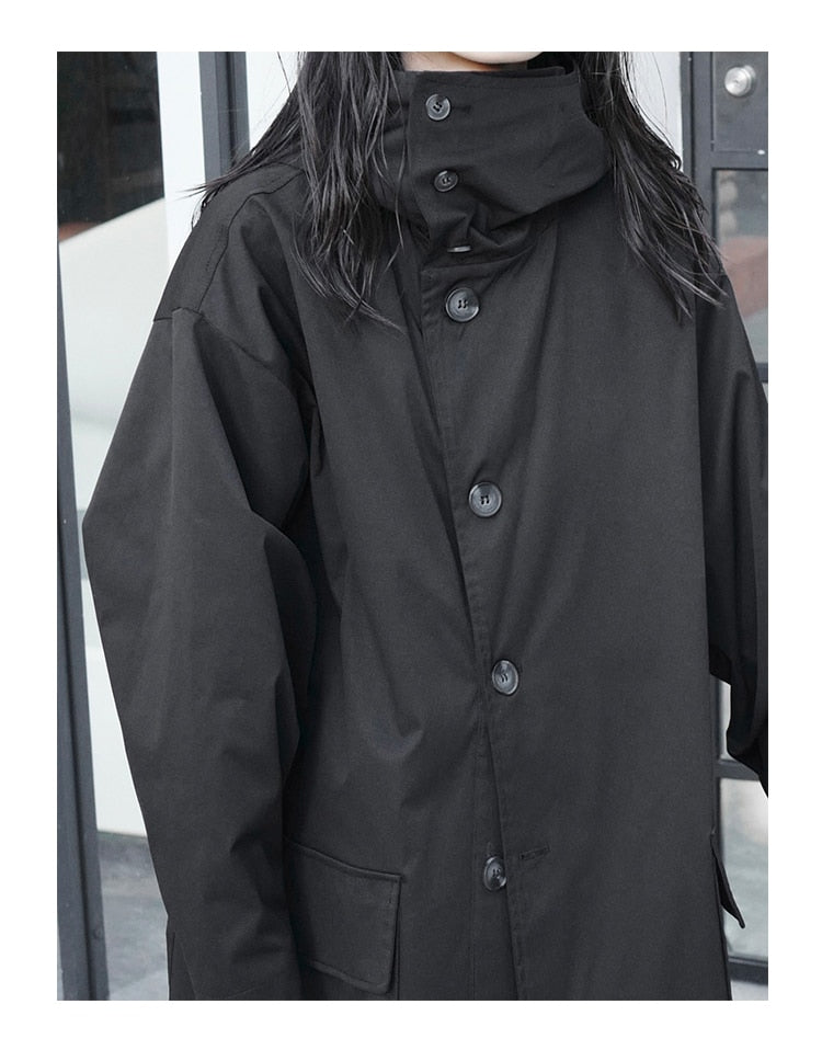 Long Oversized Black Trench Coat with Hood