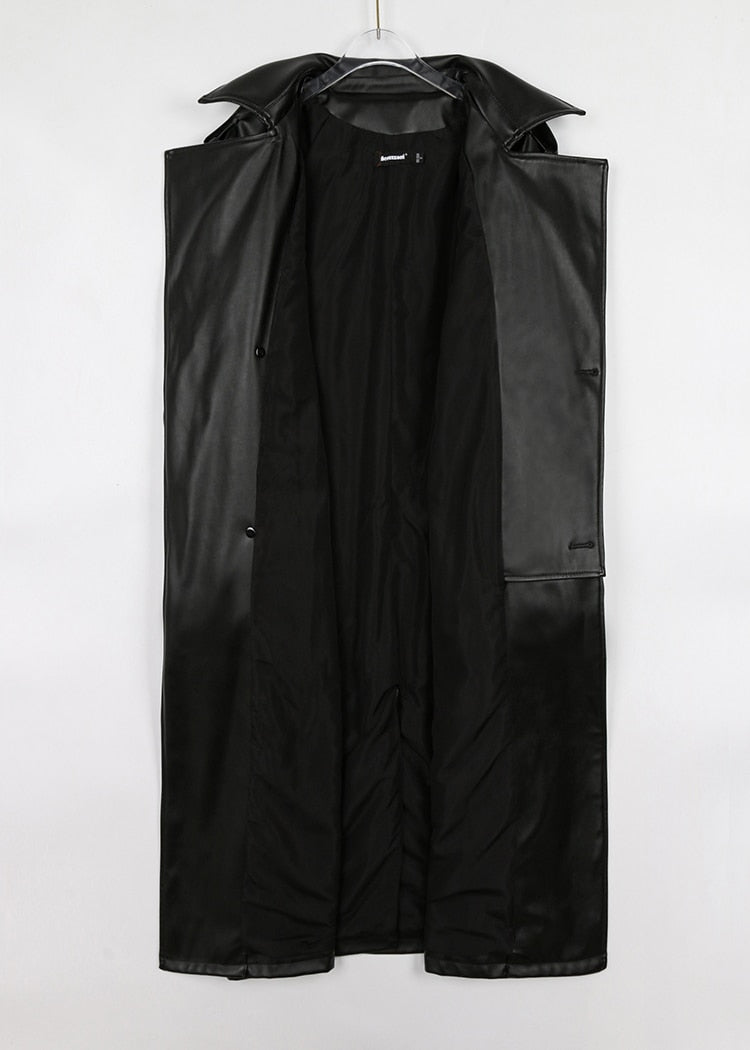 Ivory Faux Leather Double Breasted Trench Coat