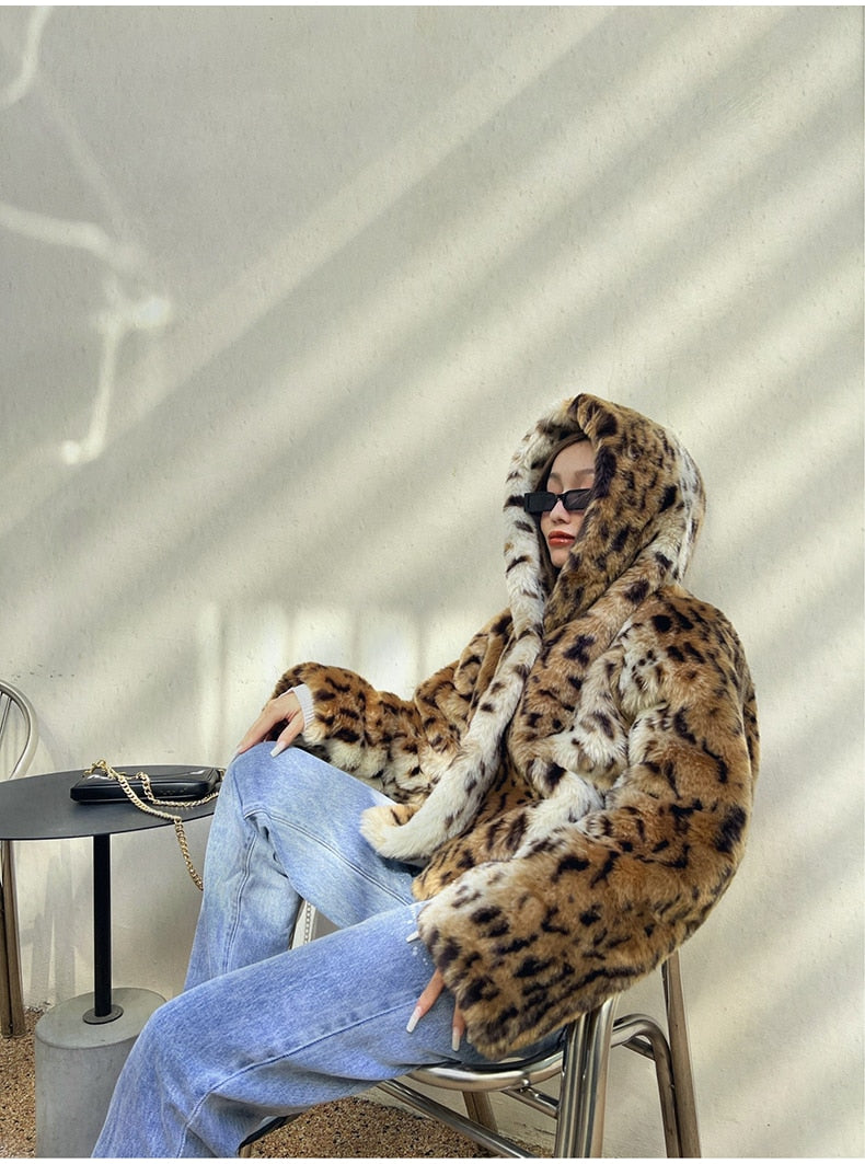 Hooded Leopard Print Faux Fur Jacket
