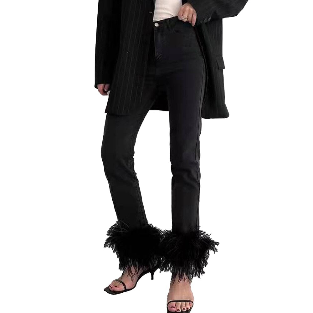 High Waisted Jeans with Feather Bottom