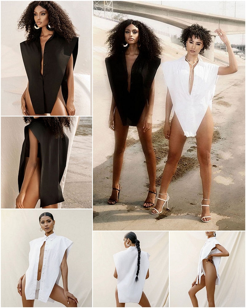 Deep V-Neck Shirt Style Bodysuit - 2 colors