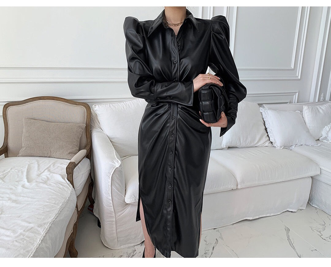 Long Soft Black Faux Leather Shirt Dress with Puff Sleeves