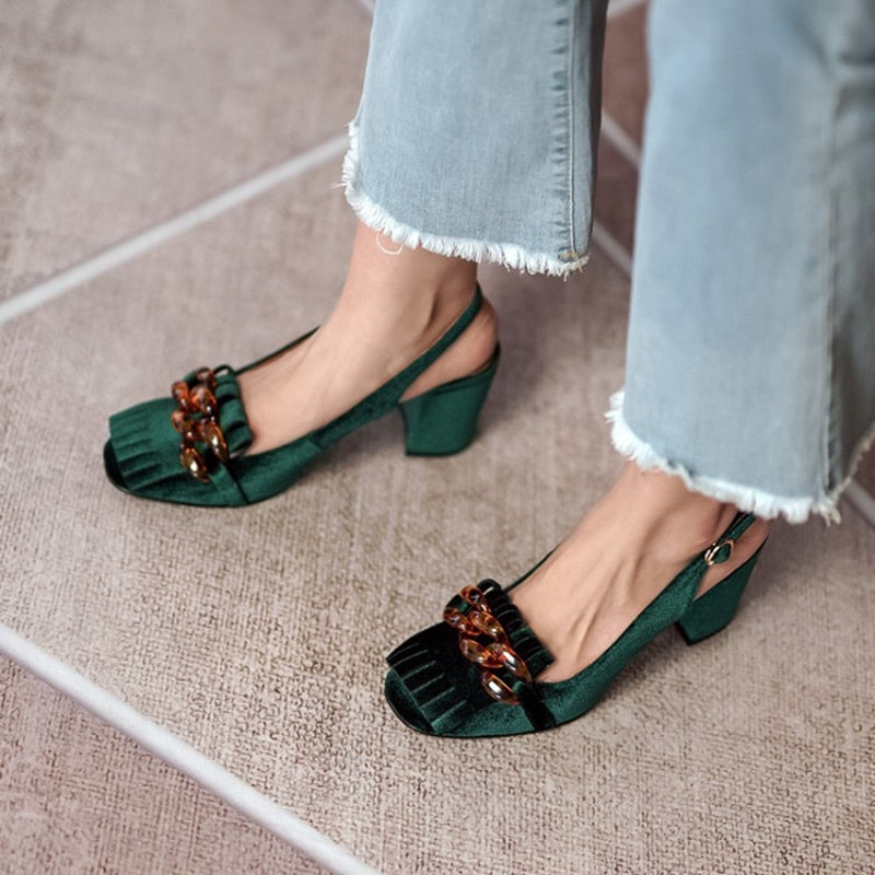 Emerald Velvet Chunky Heel Slingbacks
