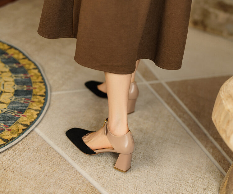 Square Toe Buckle Strap Suede Mary Janes