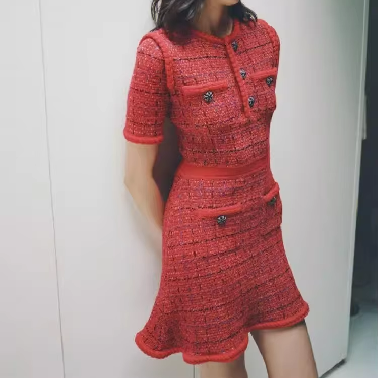 Red Plaid Tweed Dress