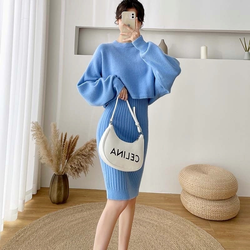 Bat Sleeve O-Neck Soft Dress and Sweater Set