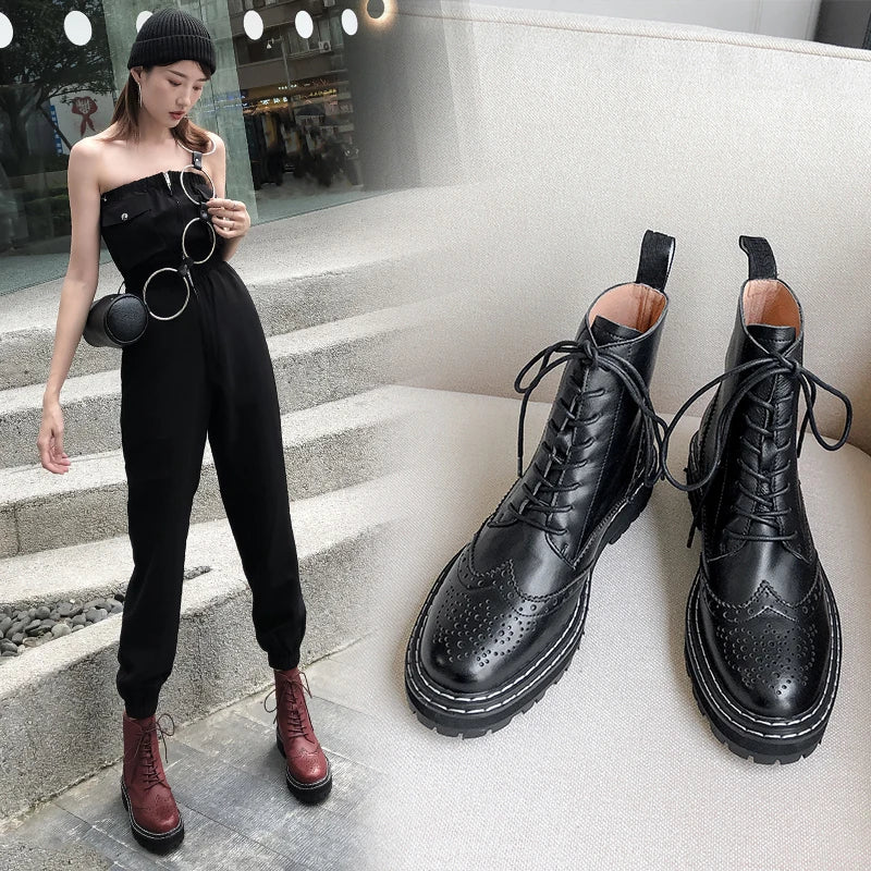 Genuine Leather Ankle Boots - Wine