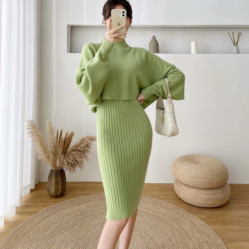 Bat Sleeve O-Neck Soft Dress and Sweater Set