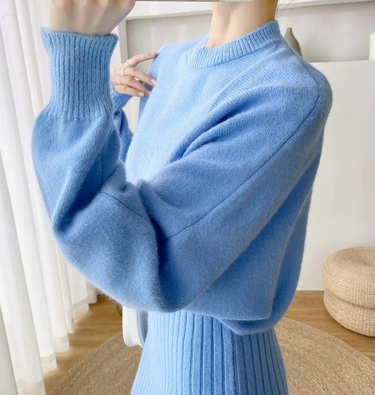 Bat Sleeve O-Neck Soft Dress and Sweater Set