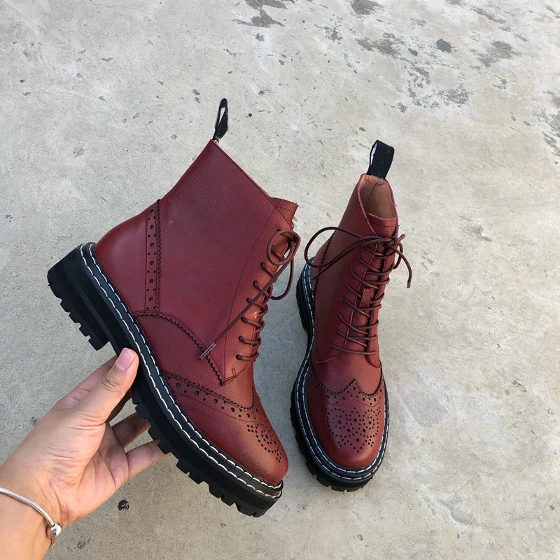 Genuine Leather Ankle Boots - Wine