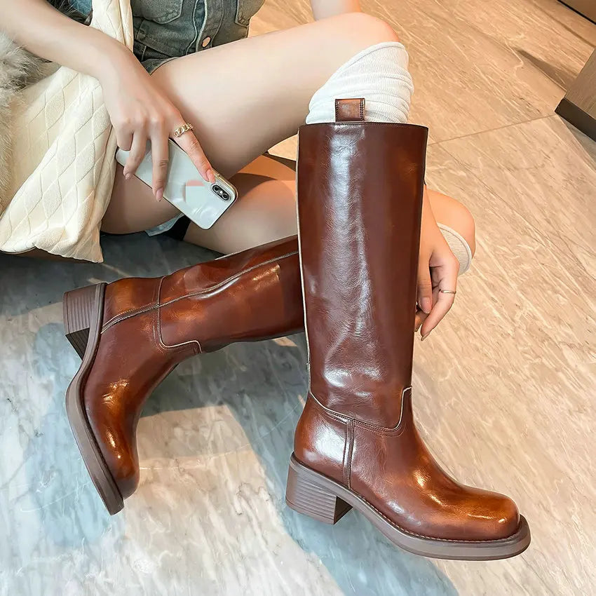 Knee High Flat Leather Boots