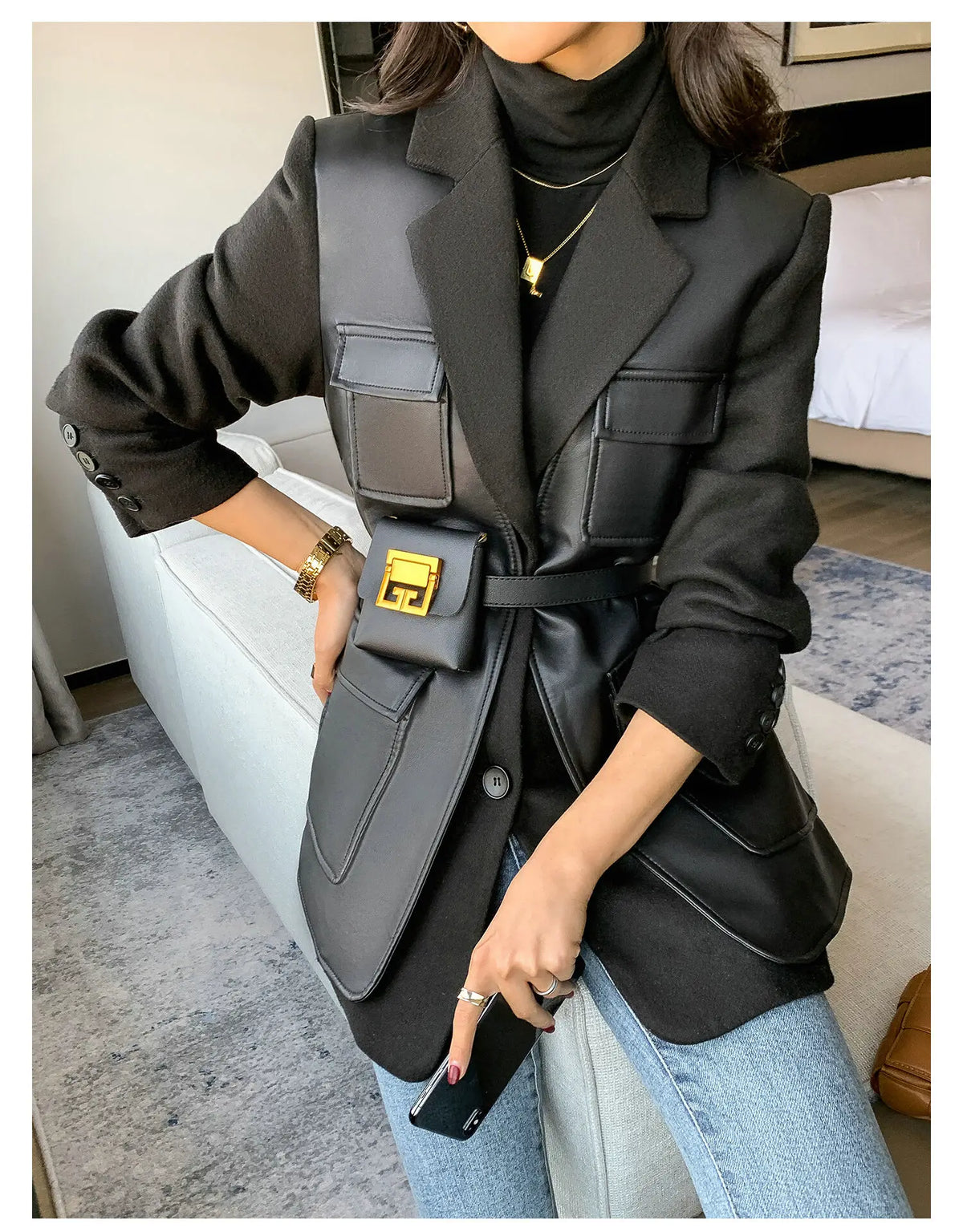 Leather blocked Blazer with Cargo Pockets