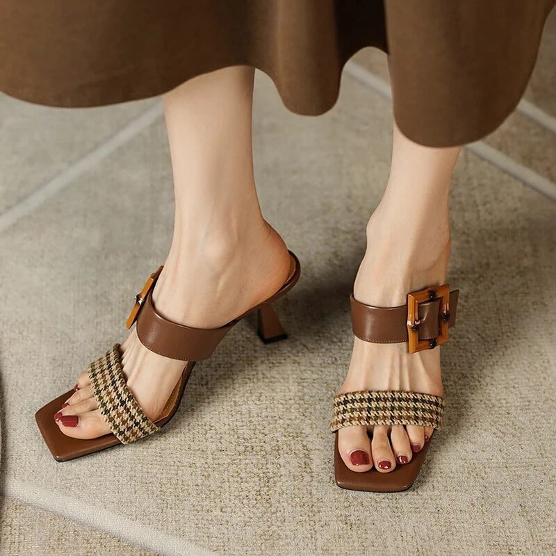 Leather Square Toe Sandals with Side Buckle