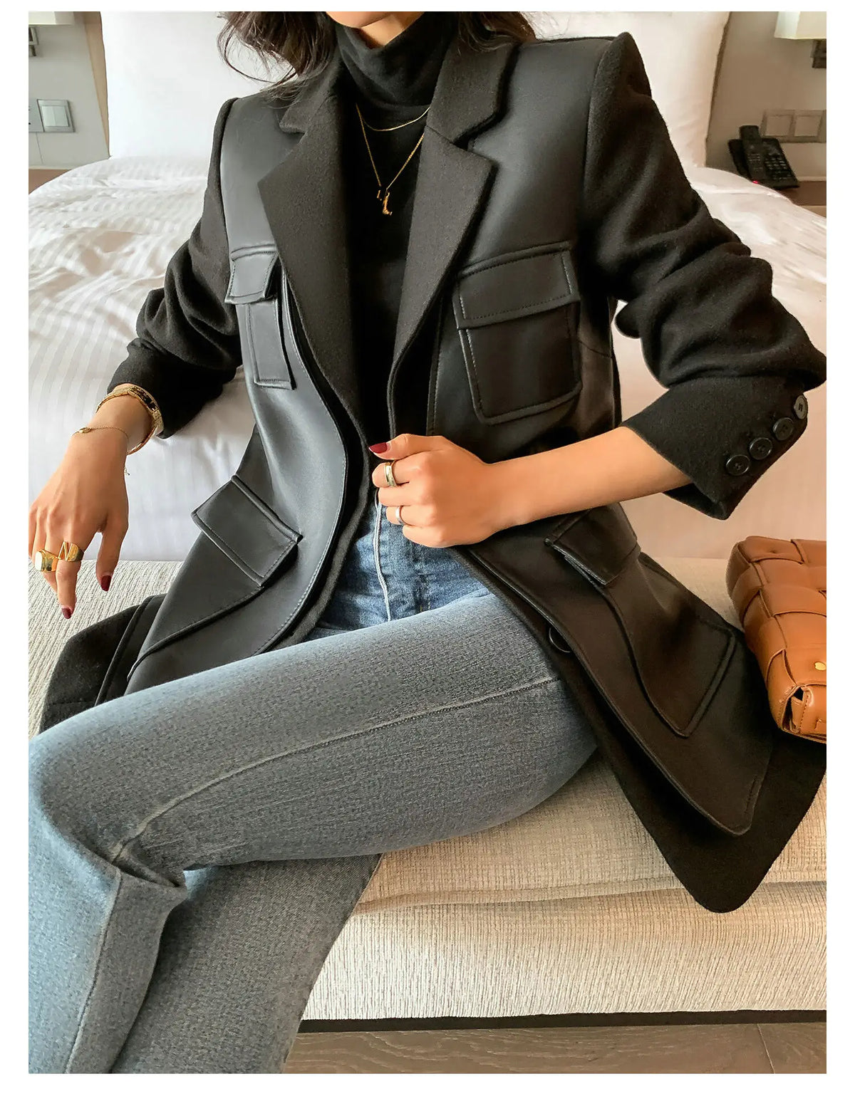 Leather blocked Blazer with Cargo Pockets