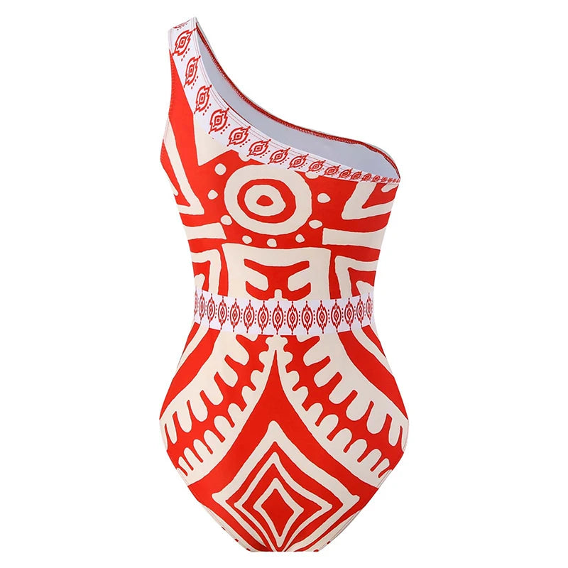 Printed One Shoulder One Piece Swimsuit with Pants Set