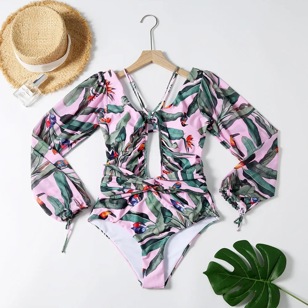 One Piece Long Sleeved Floral Swimsuit