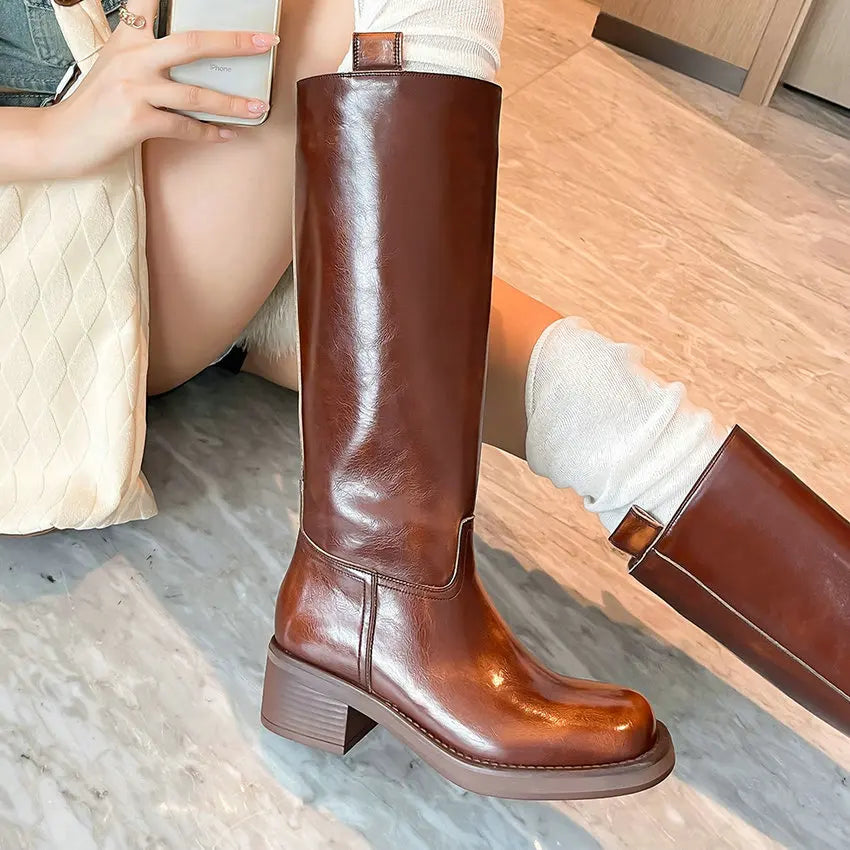 Knee High Flat Leather Boots