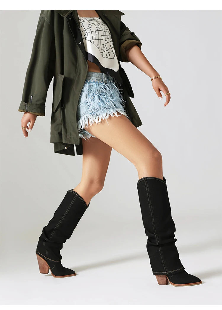 Black Denim Knee High Cowboy Boots