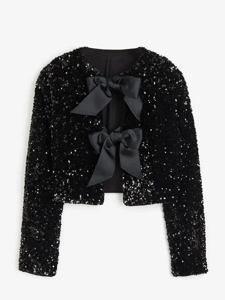Black Sequined Jacket with Bow Detail