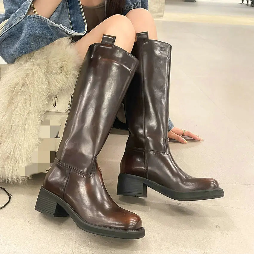 Knee High Flat Leather Boots