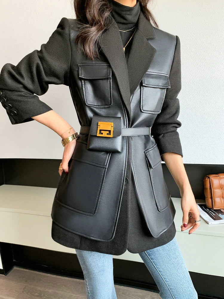 Leather blocked Blazer with Cargo Pockets