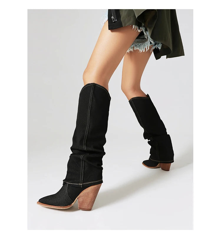 Black Denim Knee High Cowboy Boots