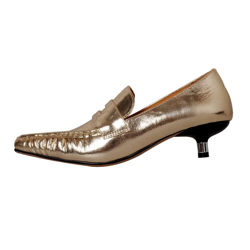 Gold Leather Kitten Heeled Loafers