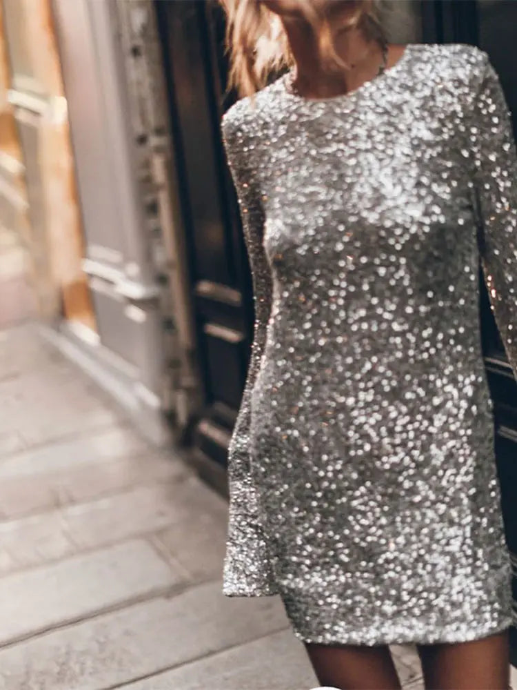 Silver Sequined Backless Mini Dress