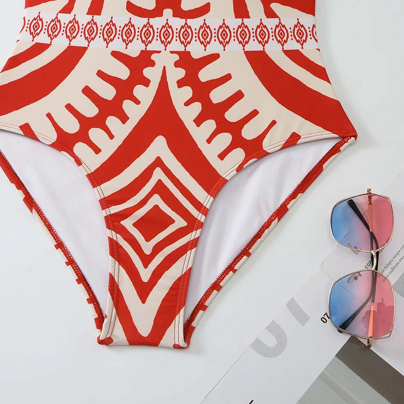 Printed One Shoulder One Piece Swimsuit with Pants Set