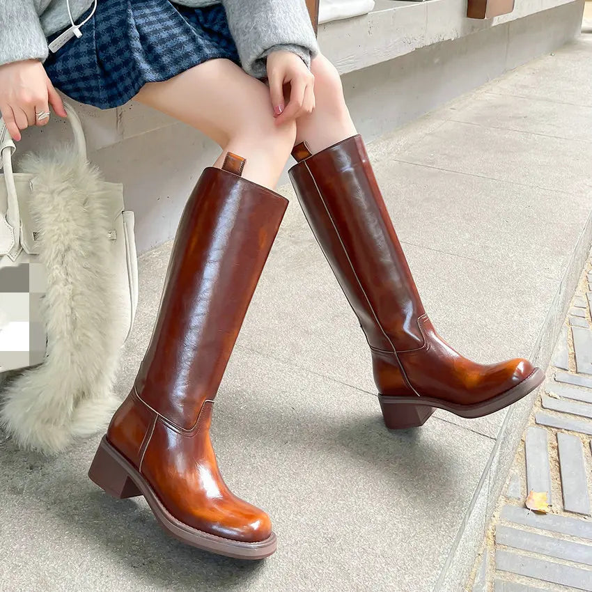 Knee High Flat Leather Boots