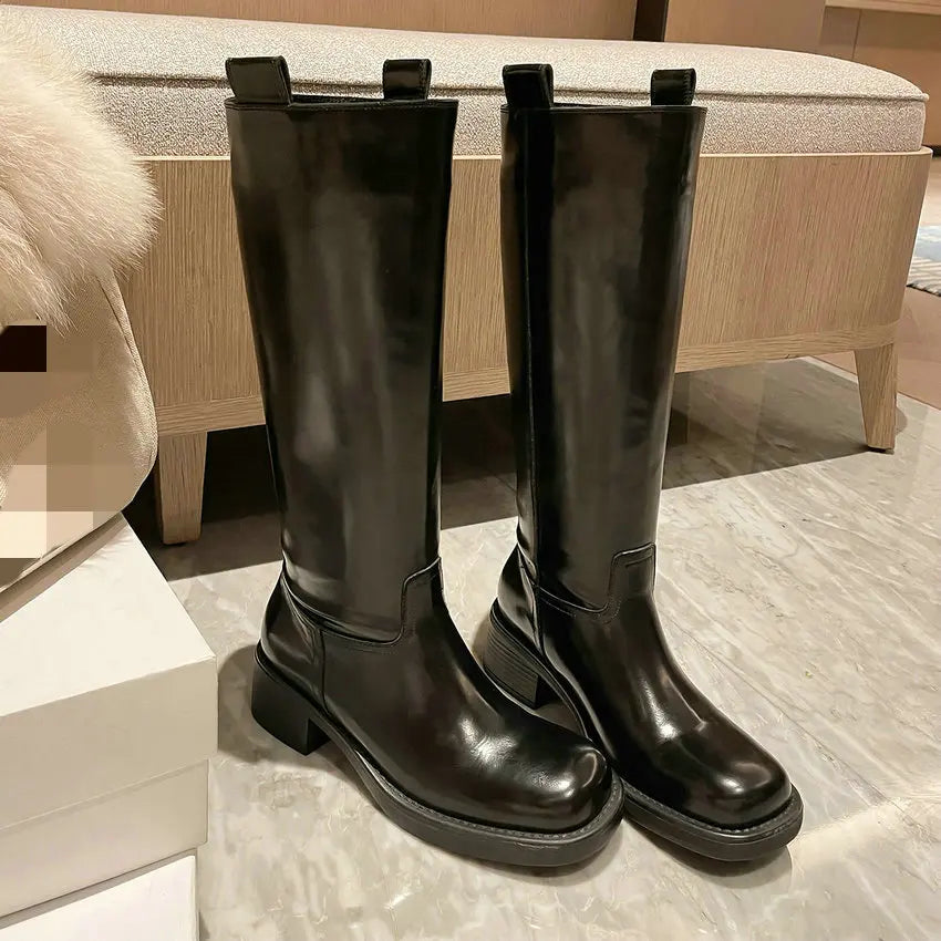 Knee High Flat Leather Boots