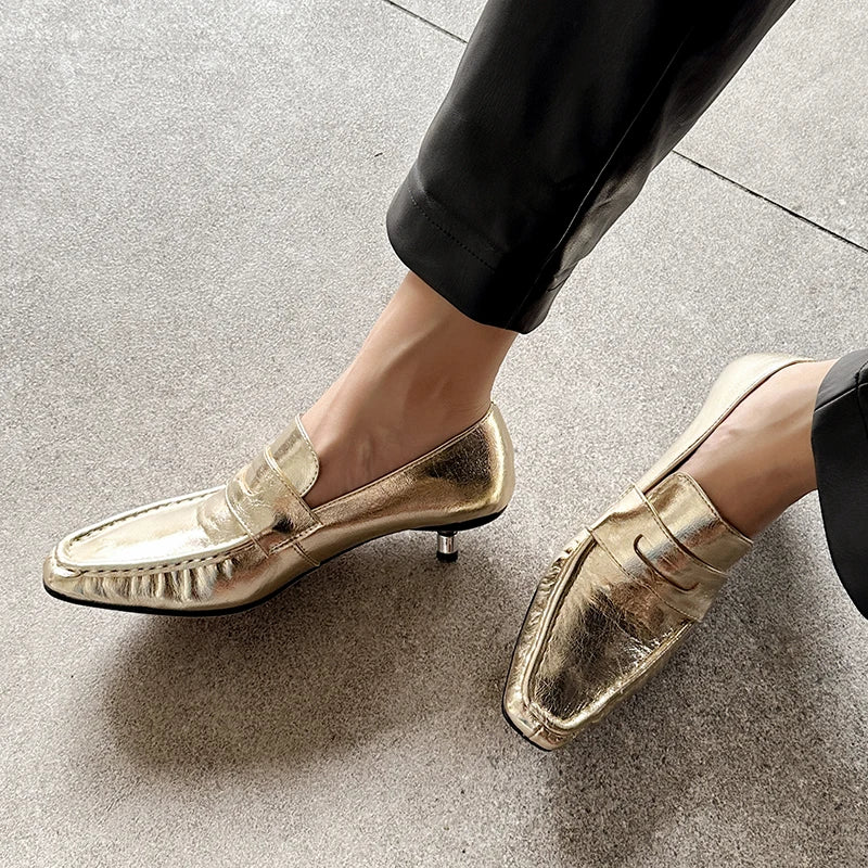 Gold Leather Kitten Heeled Loafers
