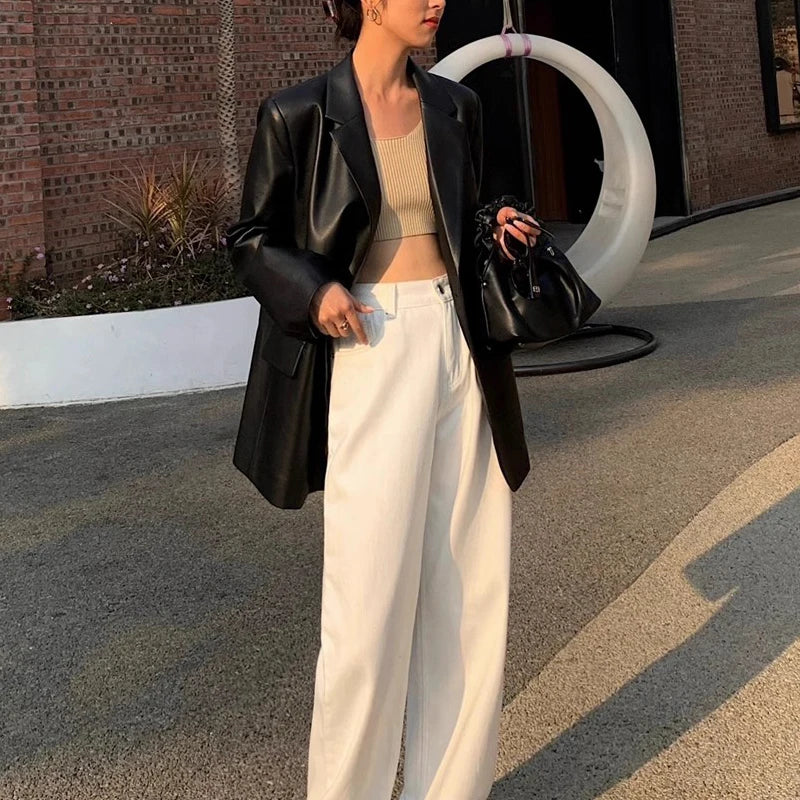 Genuine Leather Double Breasted Blazer