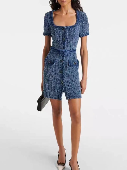 Blue Tweed Mini Dress