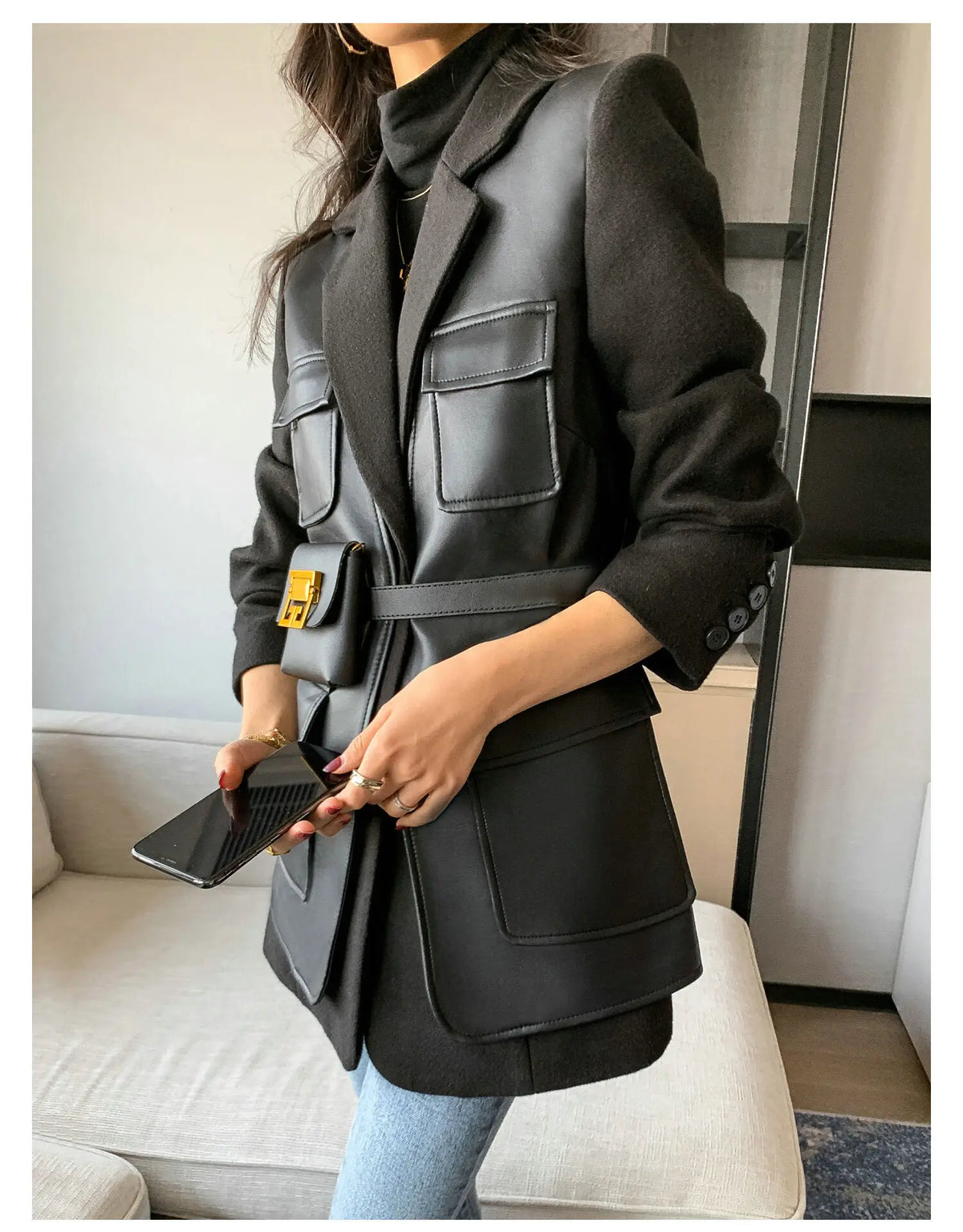Leather blocked Blazer with Cargo Pockets