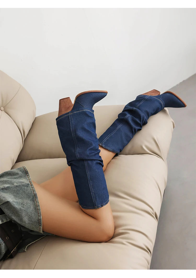 Knee High Dark Blue Denim Cowboy Boots