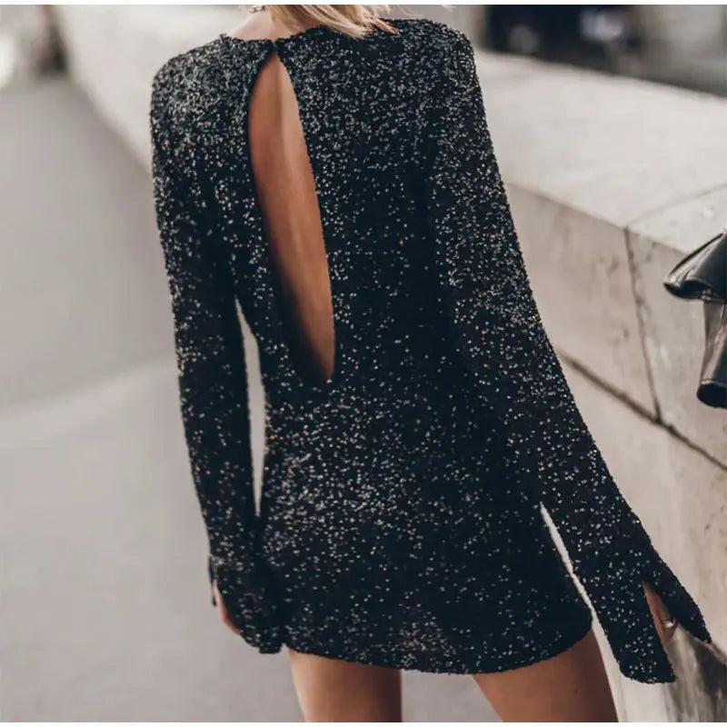 Black Sequined Backless Mini Dress