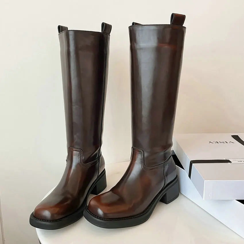 Knee High Flat Leather Boots