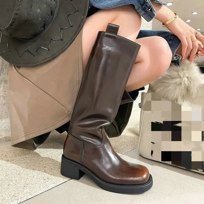 Knee High Flat Leather Boots