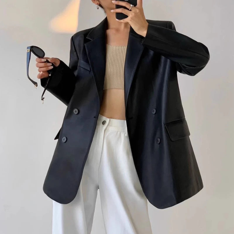 Genuine Leather Double Breasted Blazer