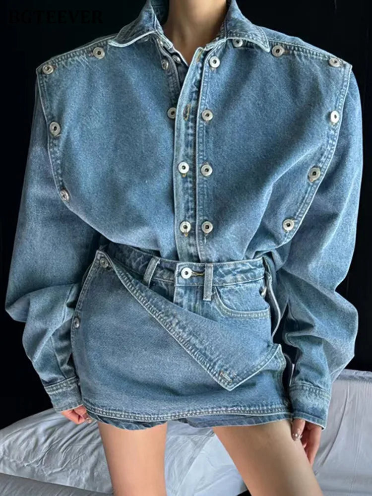 2 Pieces Denim Mini Skirt and Jacket Set